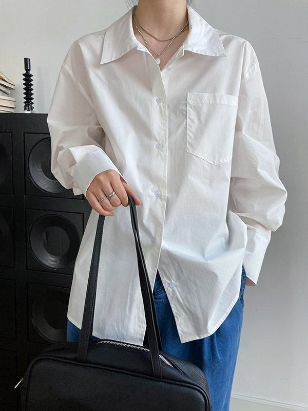 Simple Solid Color Split-Joint With Pocket Buttoned Lapel Collar Long Sleeves Blouse