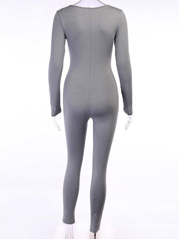 Solid Color Long Sleeves U-Neck Jumpsuits