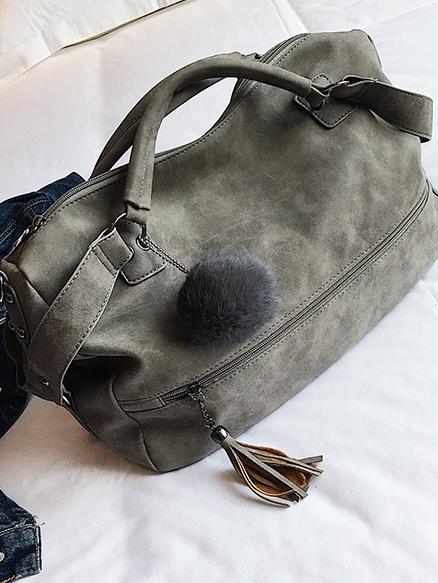 Solid Pompom Trimming Shoulder Bag
