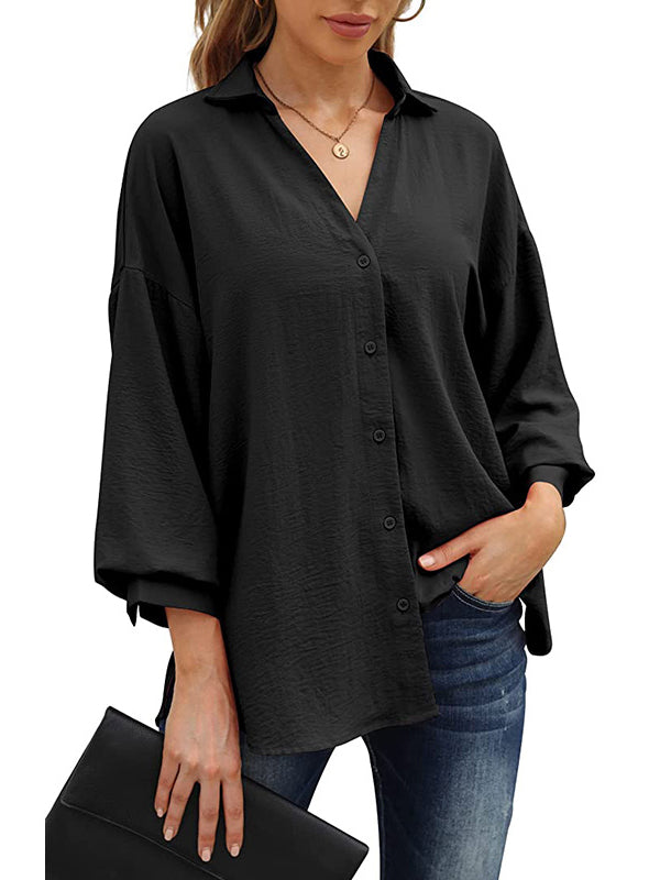 Loose Puff Three-Quarter Sleeves Solid Color Lapel Blouses