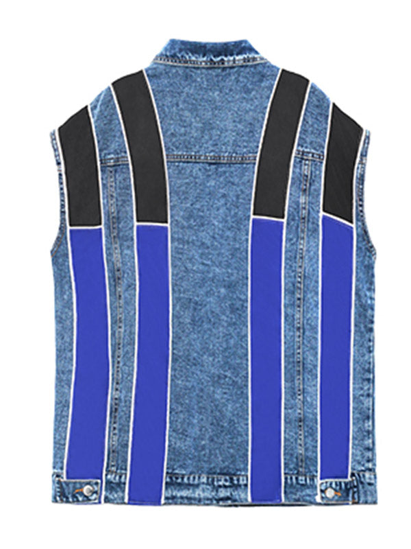 Stylish Split-Joint Striped Lapel Collar Sleeveless Denim Vest Outwear