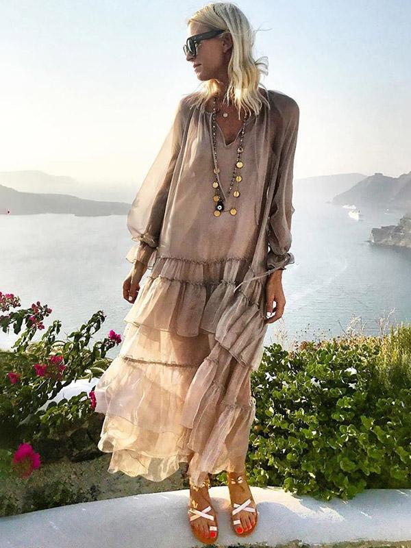 Solid Color Falbala V-neck See-Through Maxi Dress