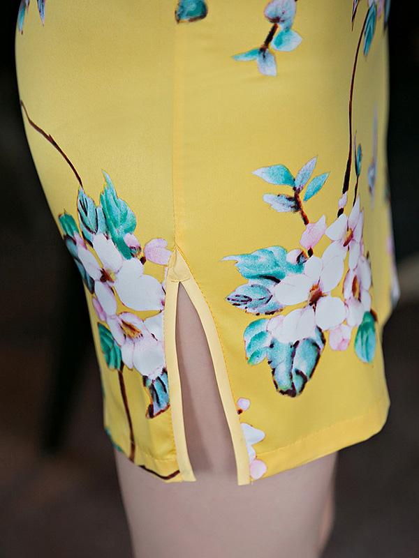 National Flower Printed Brilliant Yellow Short Slim Cheongsam Dress