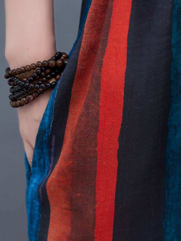 Original Loose Striped Contrast Color Pleated Midi Dress