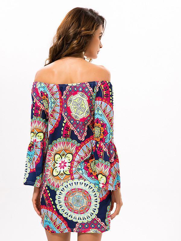 Fashion Floral Bohemia Off Shoulder Long Trumpet Sleeve Bodycon Mini Dress