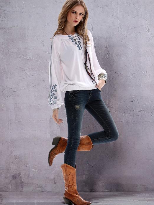 Embroidered Puff Sleeves Blouses&Shirts tops