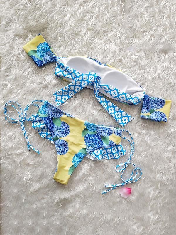 Printed Strapless Lace Up Bikinis Swimwear