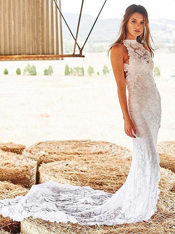 Lace White V-back Evening Dress