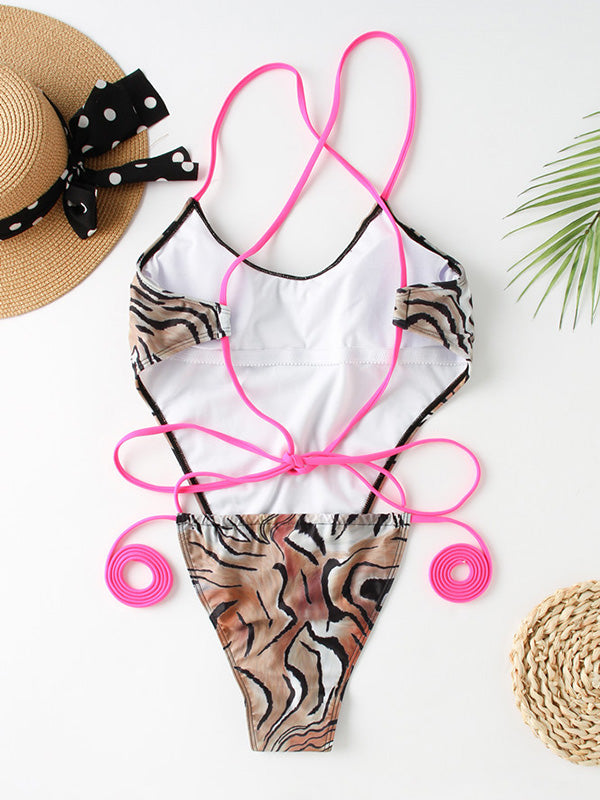 Leopard&Zebra Printed Bandage Backless One-Piece Swimwear