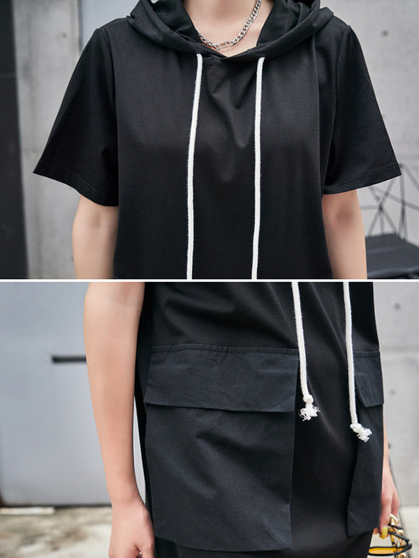 Original Black Zipper Split-Side Hooded H-Line Short Sleeves Midi Dress