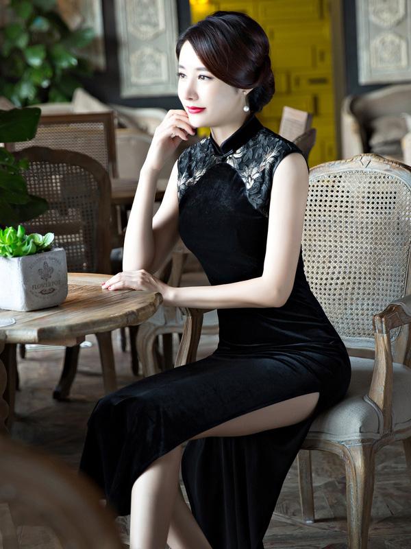 Black Velvet Lace Long Cheongsam Dress