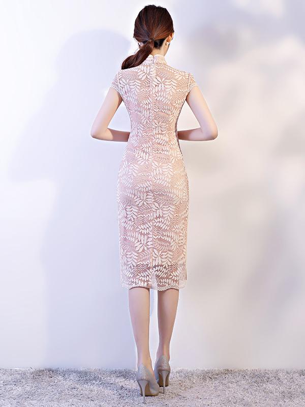 Apricot Lace See-through Split-side Short Cheongsam