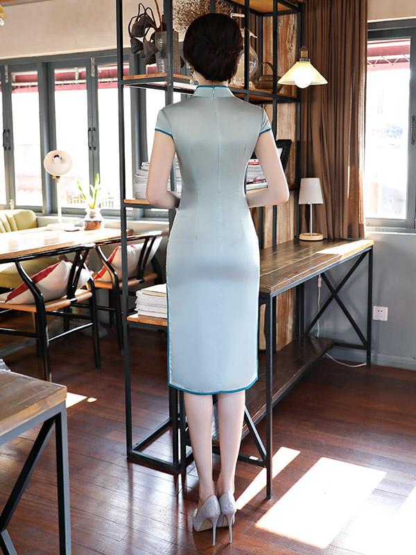 Light-green Peony Print Stand-collar Short Cheongsam