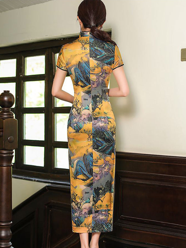 Vintage Satin Printed Split-Side Short Sleeve Long Cheongsams