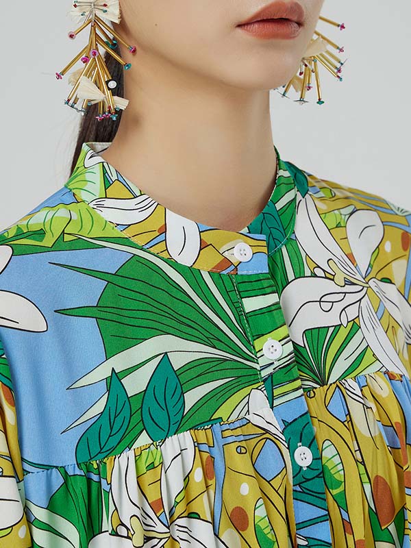 Vintage Floral Printed A-Line Long Sleeves Midi Dresses