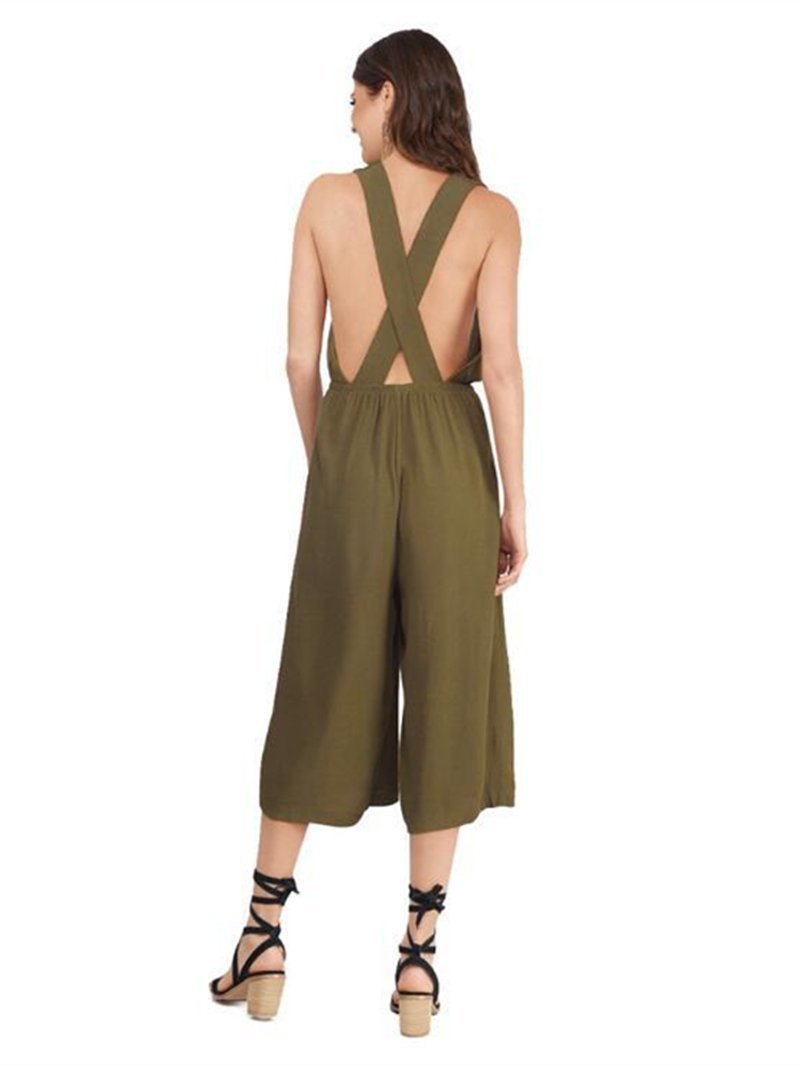 Solid Color V-neck Backless Wide Leg Jumpsuits Bottoms