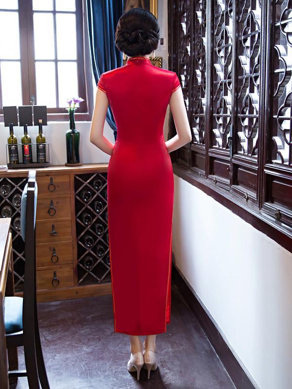 Red Embroidery Phoenix Long Cheongsam Dress