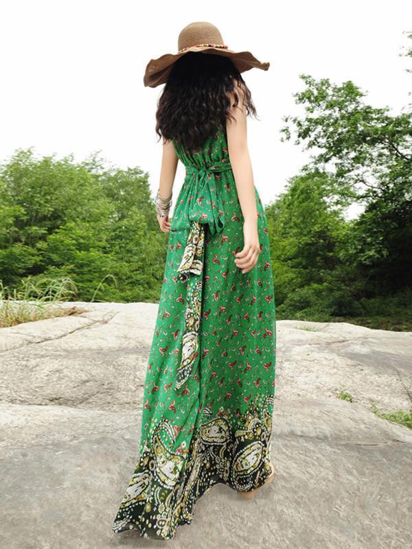 Elegant Floral-Print Slim Fit Stripes Off-Shoulder Lace-Up Maxi Dress