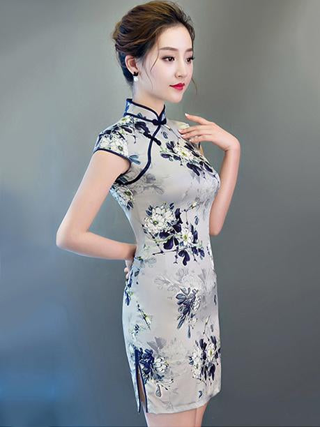 Gray Flower Print Short Cheongsam