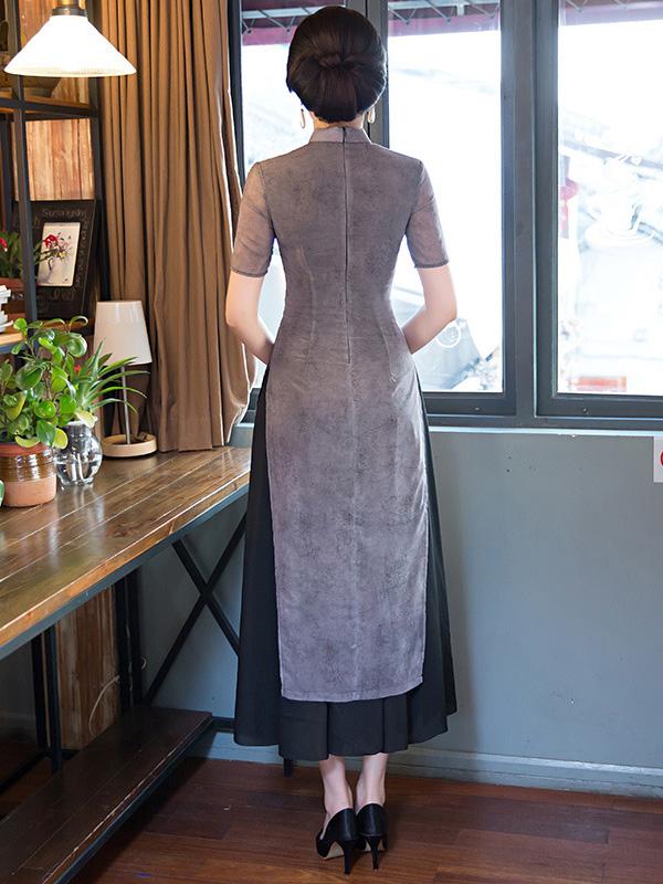 Vintage Print Stand-collar Ao Dai Long Cheongsam