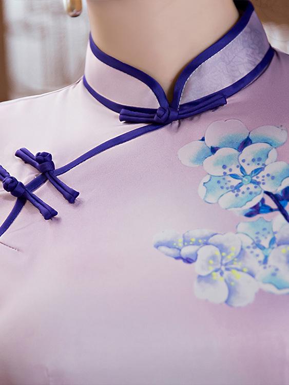 Vintage Purple Print Stand Collar Long Cheongsam Dress