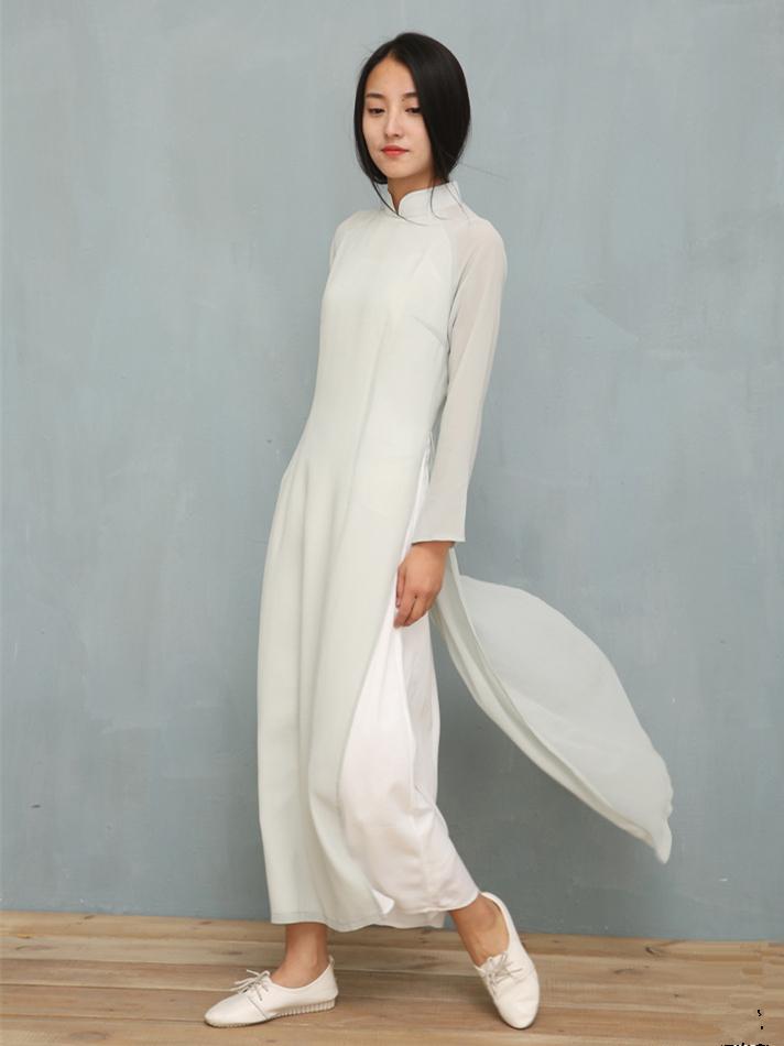 Light-Gray Split-side Long Ao Dai Cheongsam Dress
