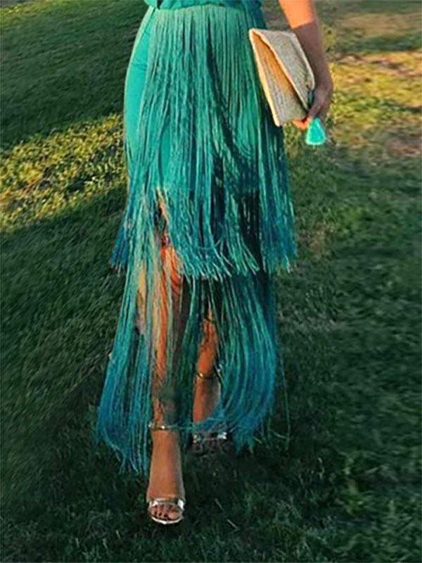 Halter-neck Tasseled Split-joint Maxi Dress