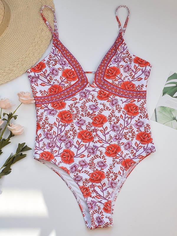 Sexy Spaghetti-Neck V-Neck Printing One-Piece Swimwear