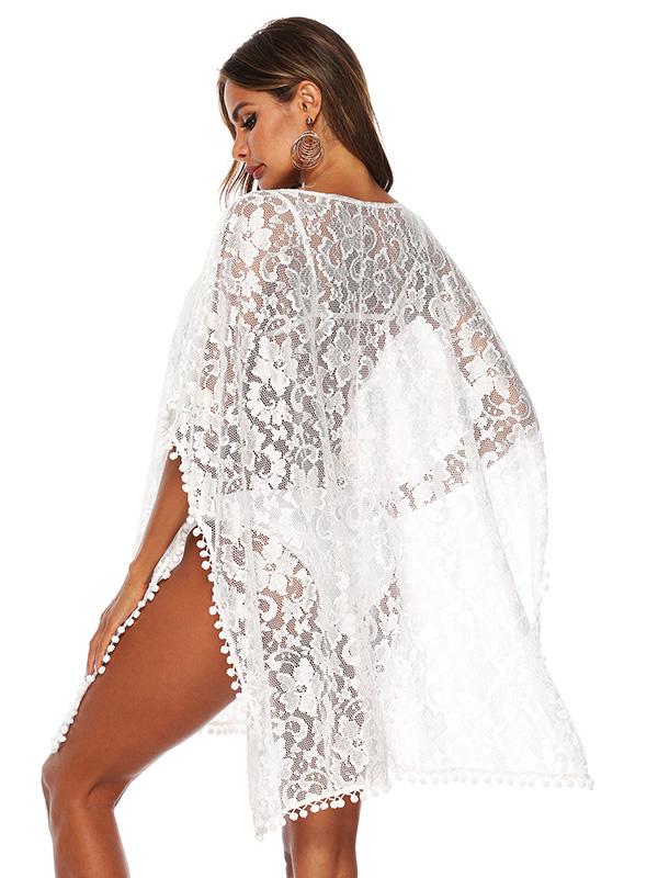 Sexy Solid White Loose Beach Lace Cover-Up