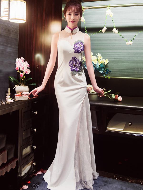 White Embroidered Long Cheongsam Evening Dress