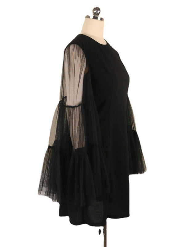 Stylish Loose Solid Color Split-Joint Mesh Falbala Flared Long Sleeves Round-Neck Mini Dress