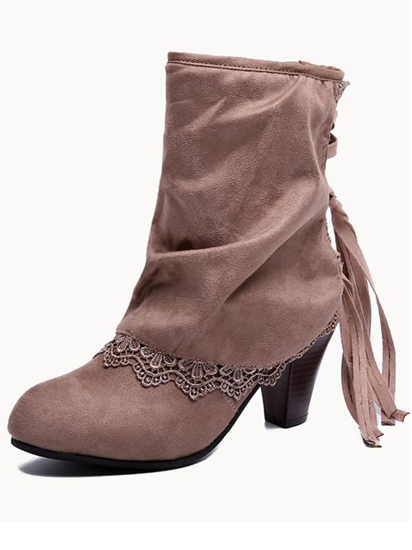 Solid Color Bandage Tasseled Purfle Lace Ankle Boots Shoes