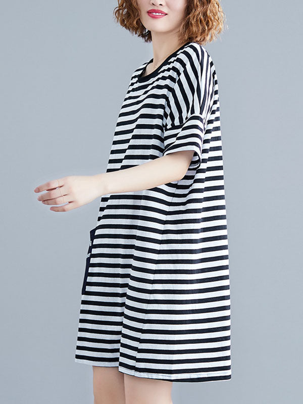 LOOSE STRIPED ROUND-NECK SHIRT DRESS