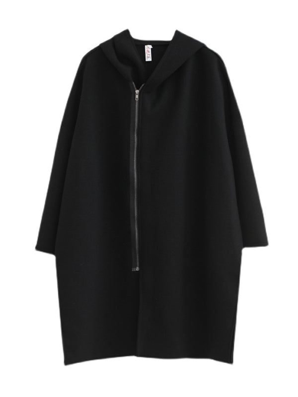 Casual Loose Solid Color Zipper Hooded Batwing Sleeves Outwear