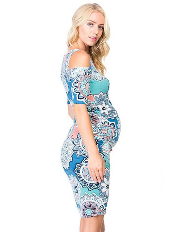Maternity Printed Cold Shoulder Round-neck Mini Dress