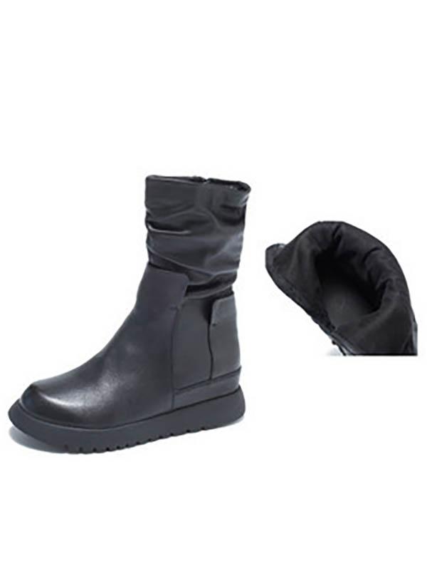 Black Fold Zipper Cow Leather Short Boots