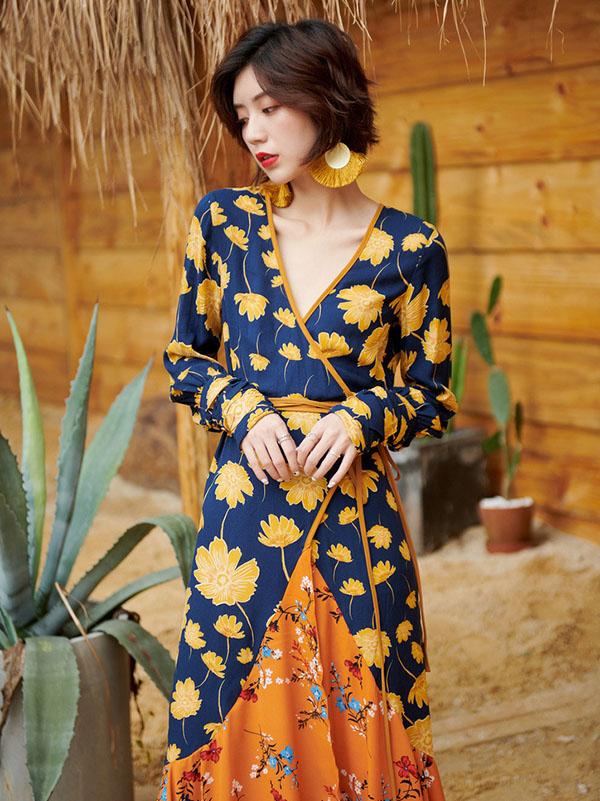 Asymmetric Long Sleeves Bohemia Wrap Dress