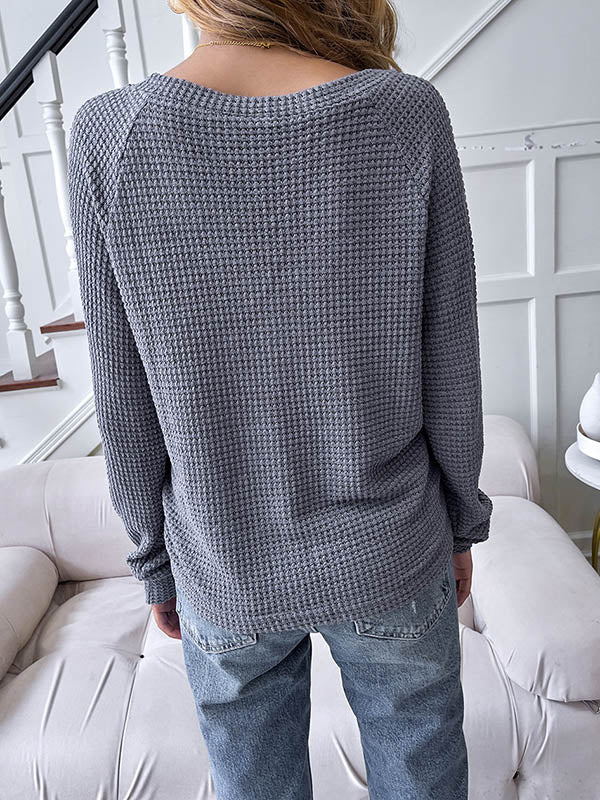 Casual Solid Color V-Neck Long Sleeves T-Shirt Tops