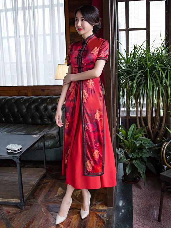 Two Pieces Red Ao Dai Long Cheongsam