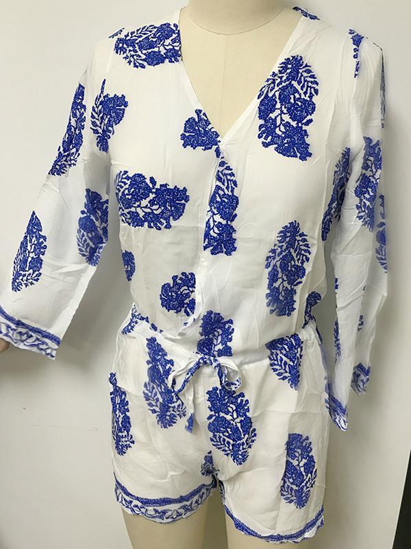 Sweet White and Blue Floral Long Sleeve Deep V Neck Jumpsuit