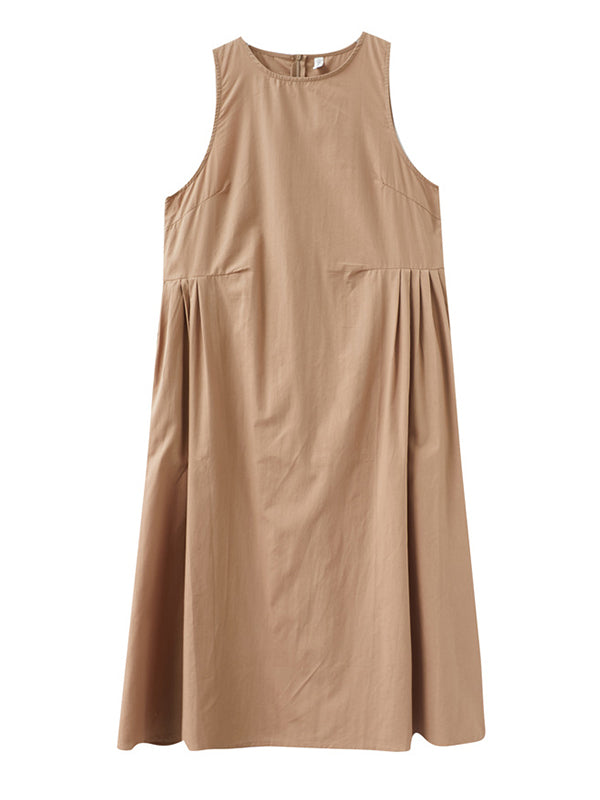 Simple Casual Loose Solid Color Pleated Midi Dress