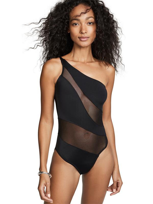 Tulle Black Single Shoulder One-piece Swimwear