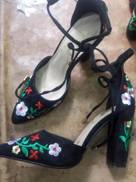 Embroidered Chunky Heels Shoes