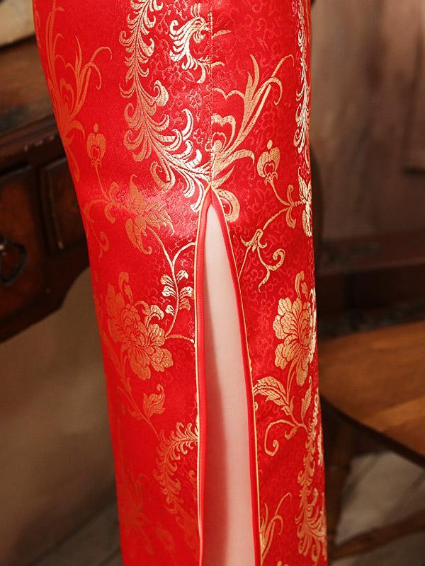 Red Gold-flower Print Split-side Long Cheongsam