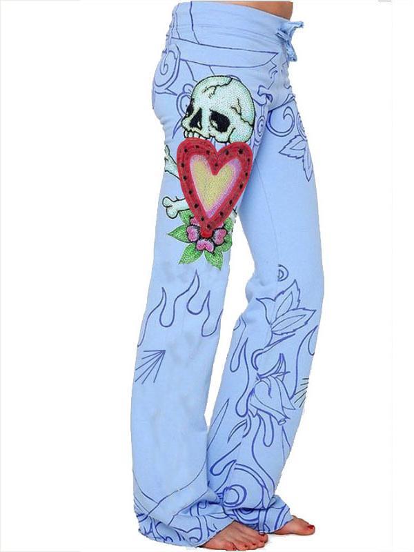 Rose Skull Pattern Hem Wide Leg Bottom Casual Pants