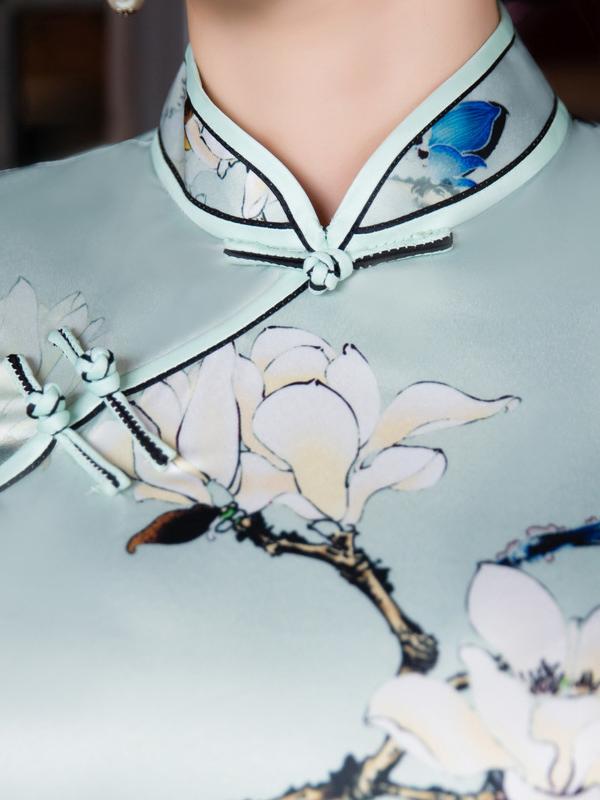 Vintage Print Stand Collar Long Cheongsam Dress