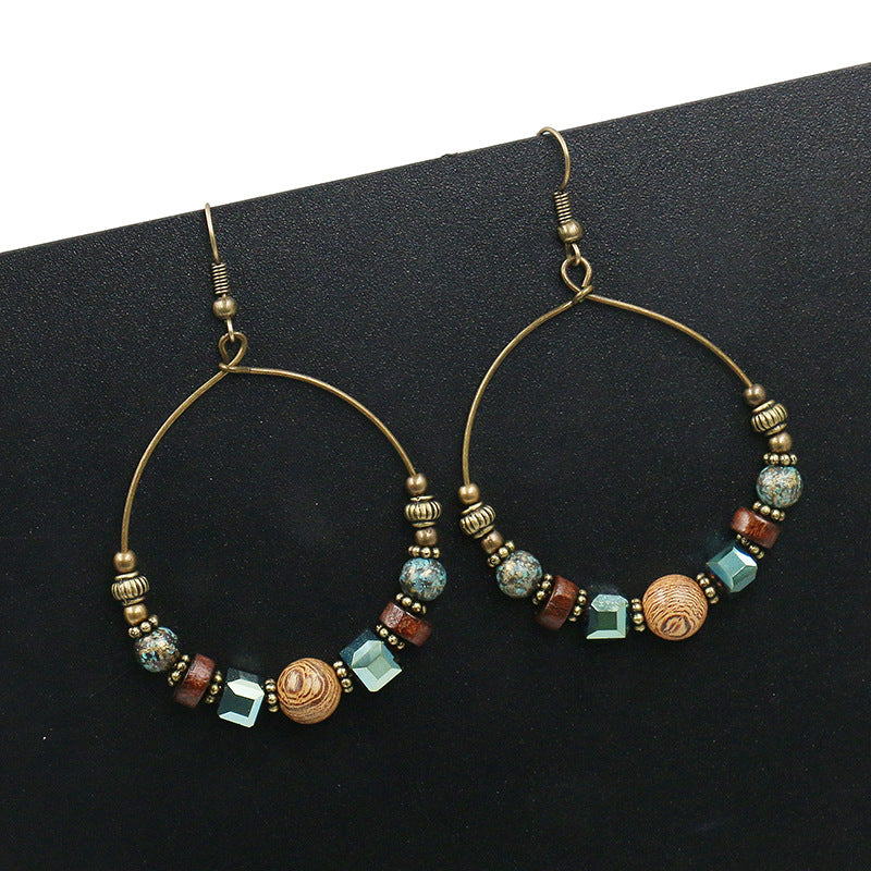 Wooden beaded turquoise large ring metal earrings
