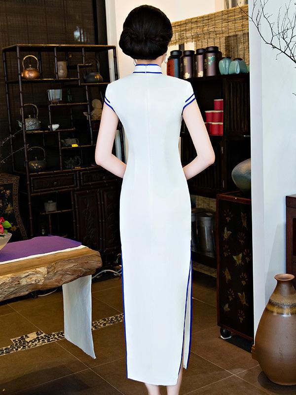 White Embroidered Split-side Long Cheongsam