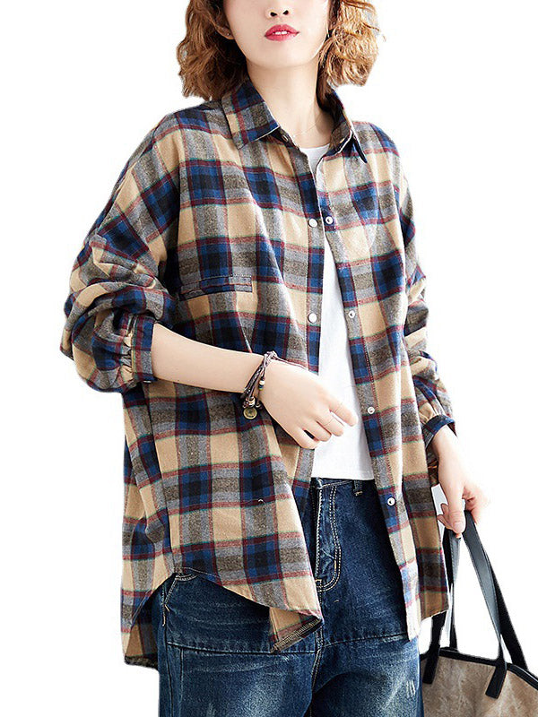 Artistic Retro Plaid Buttoned Lapel Collar Long Sleeves Blouse