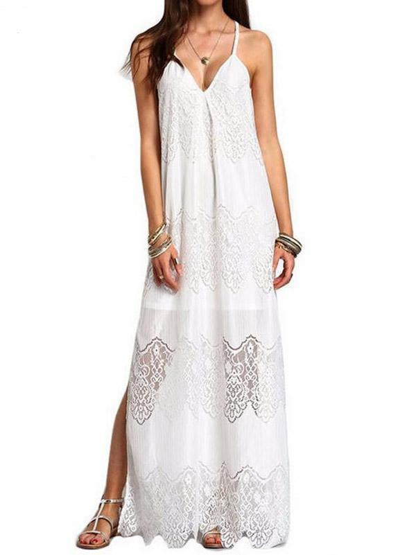Lace Split-joint Condole Belted Maxi Dress
